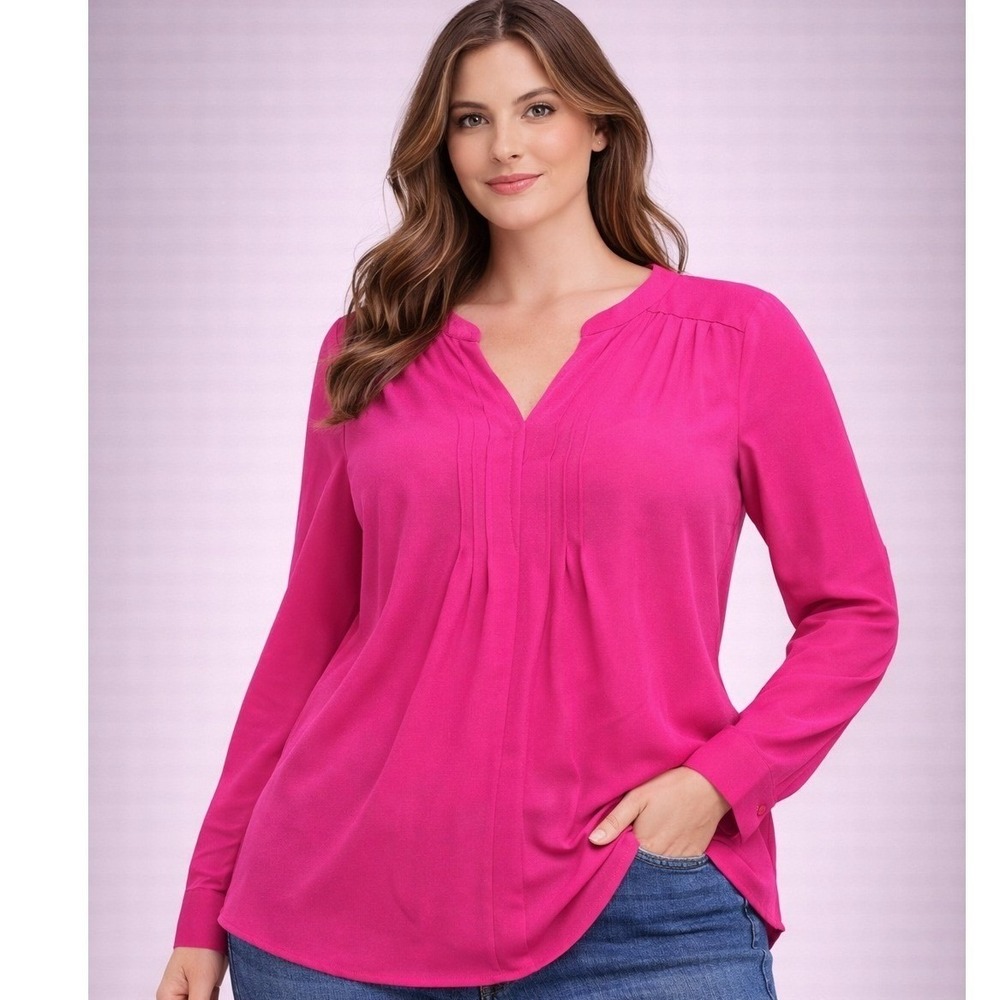 Talbots Woman Fuchsia Pink Split V-Neck Long Sleeve Pleated Blouseā Size X Plus